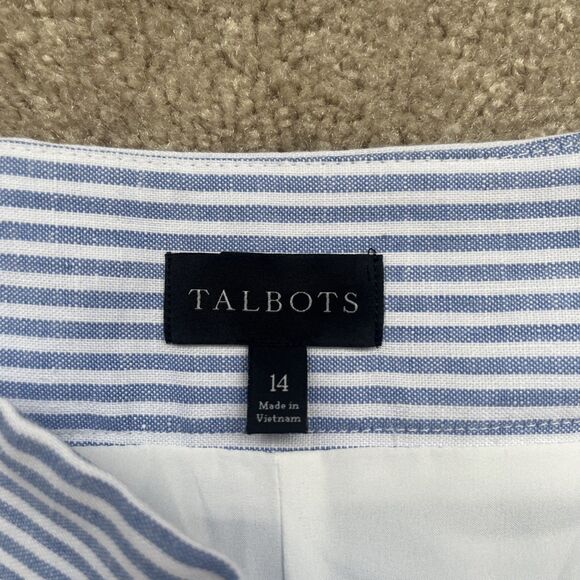Talbots Linen Crop Pants Womens 14 Wide Leg Striped Blue Side Zip Career Preppy - Picture 2 of 8